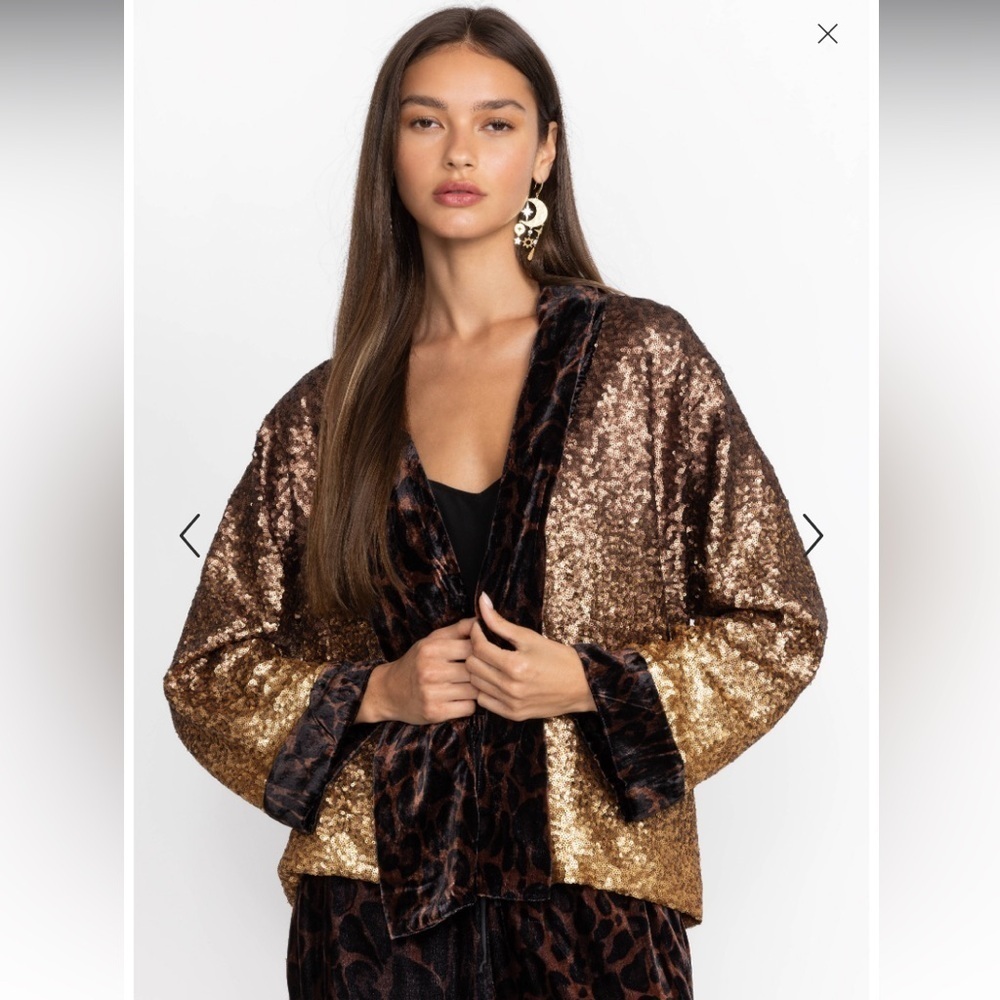 JOHNNY WAS SEQUIN GOLD PLAZA KIMONO $398 BOHO DESIGNER ANIMAL PRINT fall jacket